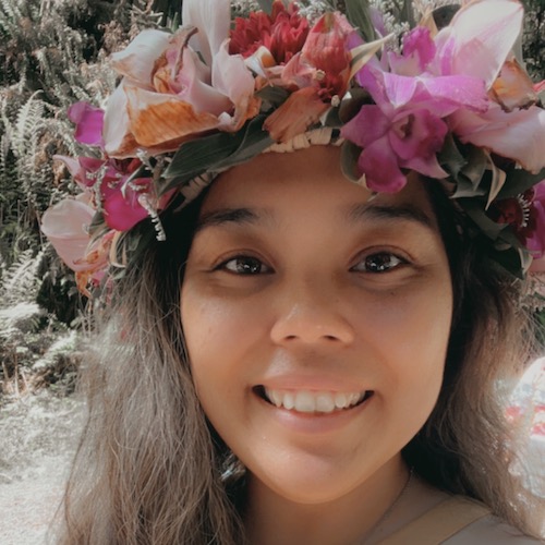 Joelle Mattos wearing a haku lei