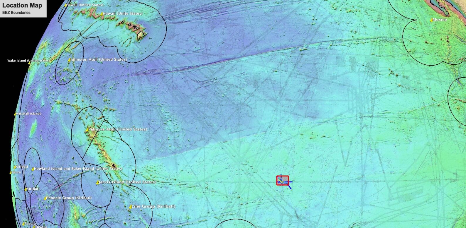 Location of Konter Ridge shown in red rectangle. Hawaiian Islands are visible in upper left of map.